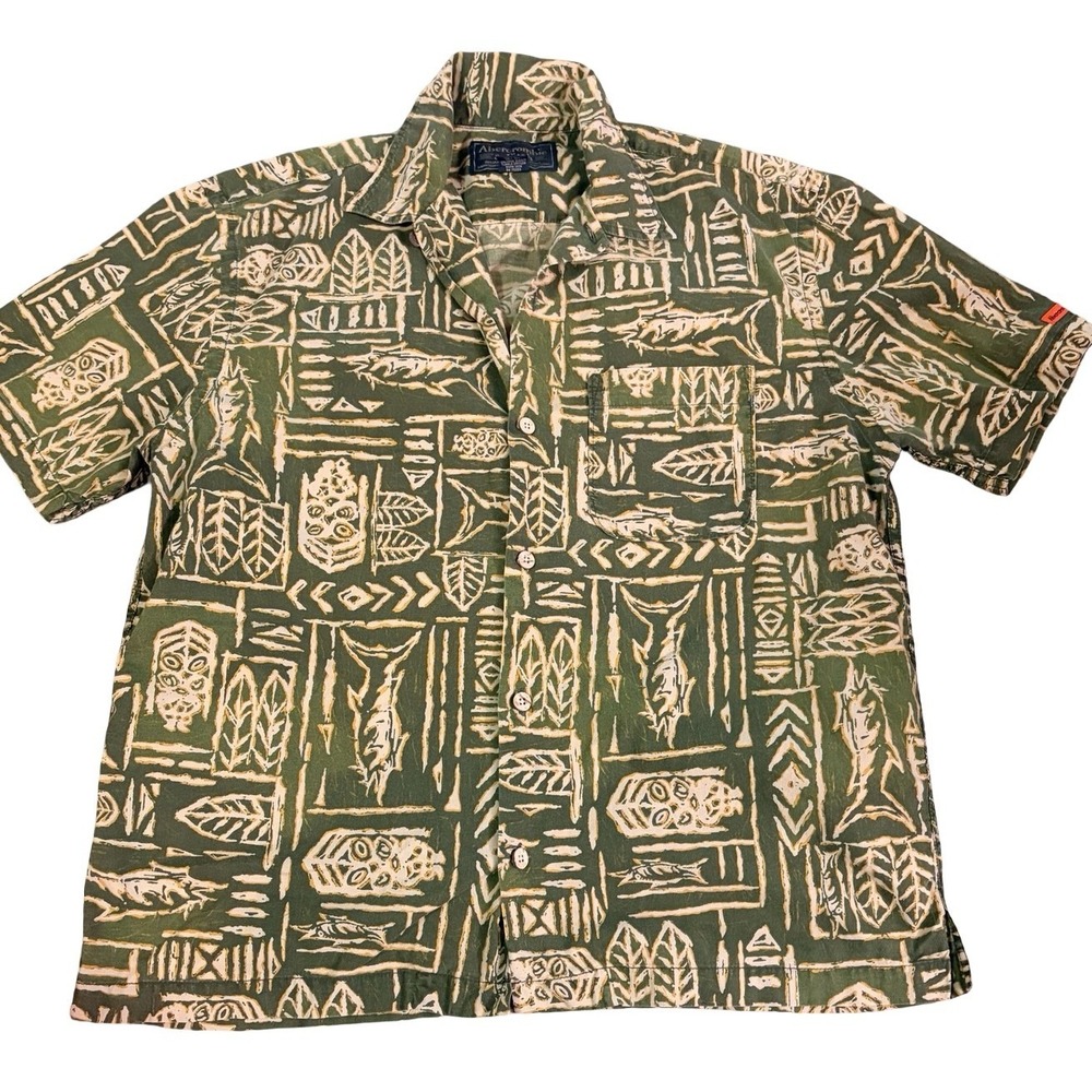 Abercrombie & Fitch Tiki Fish Print Button Up Shirt Mens Medium Green